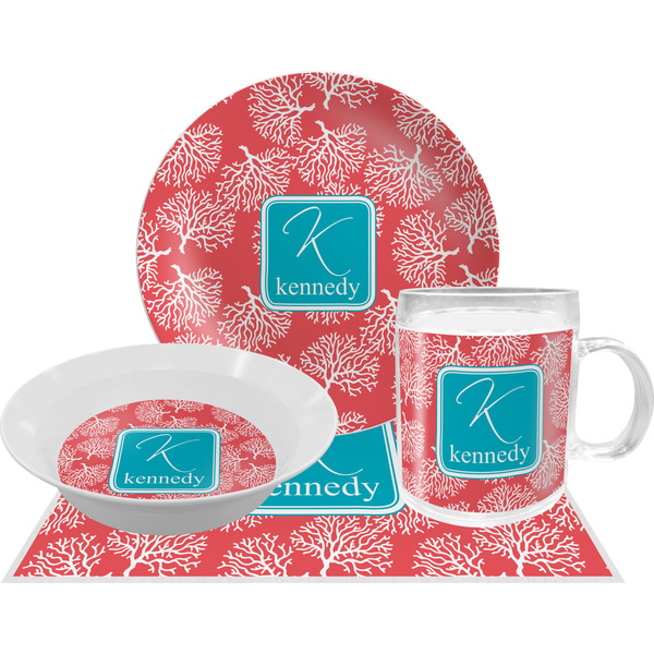Custom Coral & Teal Dinner Set - Single 4 Pc Setting w/ Name and Initial