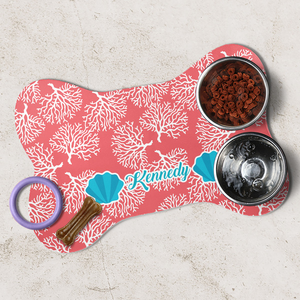 Coral & Teal Dog Bone Shaped Mat Lifestyle