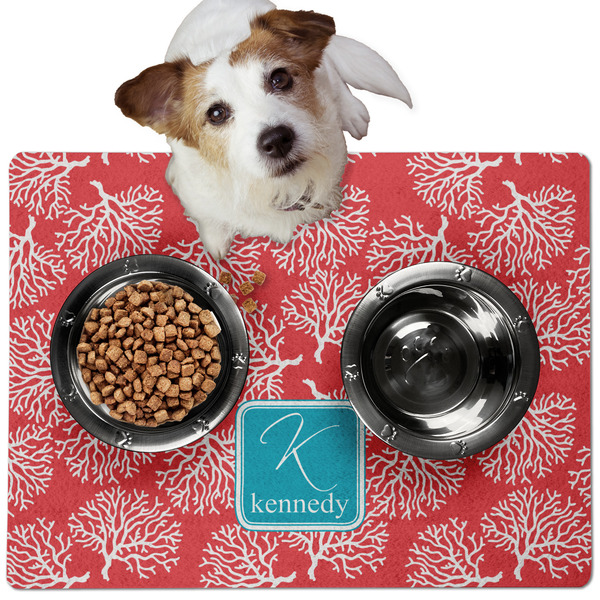 Custom Coral & Teal Dog Food Mat - Medium w/ Name and Initial