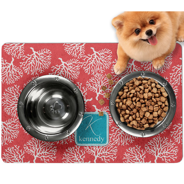 Custom Coral & Teal Dog Food Mat - Small w/ Name and Initial