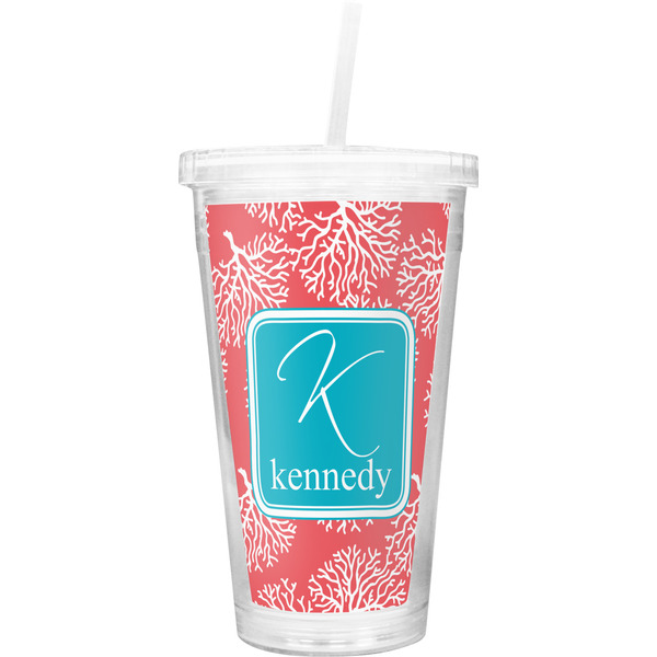 Custom Coral & Teal Double Wall Tumbler with Straw (Personalized)