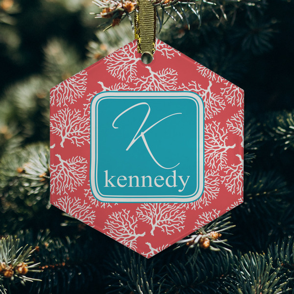 Coral & Teal Frosted Glass Ornament - Hexagon (Lifestyle)