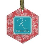 Coral & Teal Flat Glass Ornament - Hexagon w/ Name and Initial