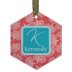 Coral & Teal Flat Glass Ornament - Hexagon w/ Name and Initial