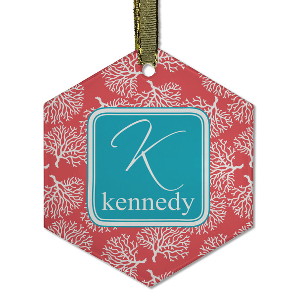 Custom Coral & Teal Flat Glass Ornament - Hexagon w/ Name and Initial