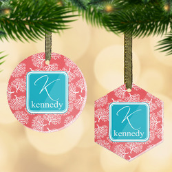 Coral & Teal Flat Glass Ornament w/ Name and Initial