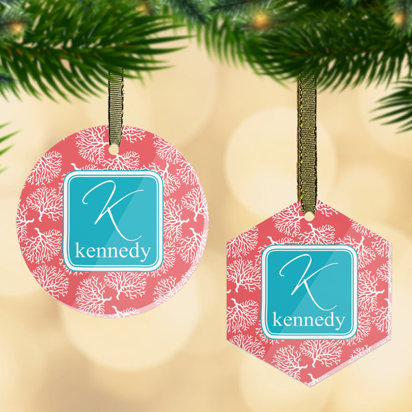 Custom Coral & Teal Flat Glass Ornament w/ Name and Initial