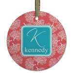 Coral & Teal Flat Glass Ornament - Round w/ Name and Initial
