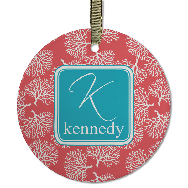 Custom Coral & Teal Flat Glass Ornament - Round w/ Name and Initial