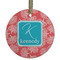 Coral & Teal Flat Glass Ornament - Round w/ Name and Initial