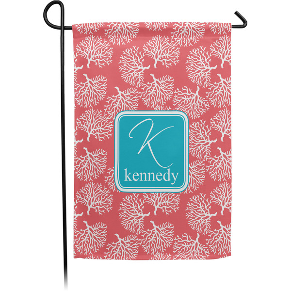 Custom Coral & Teal Small Garden Flag - Single Sided w/ Name and Initial