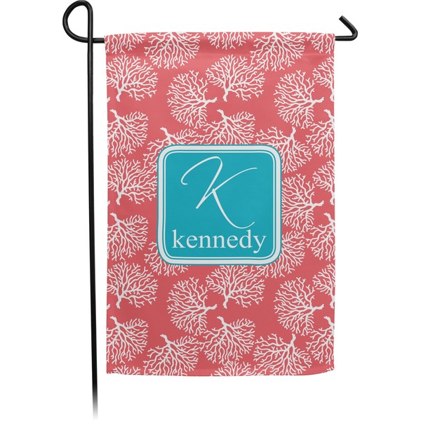 Custom Coral & Teal Small Garden Flag - Double Sided w/ Name and Initial