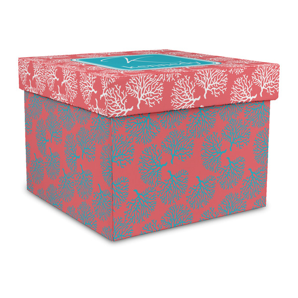 Custom Coral & Teal Gift Box with Lid - Canvas Wrapped - Large (Personalized)