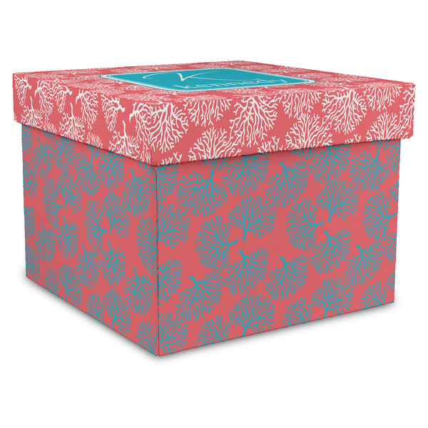 Custom Coral & Teal Gift Box with Lid - Canvas Wrapped - X-Large (Personalized)