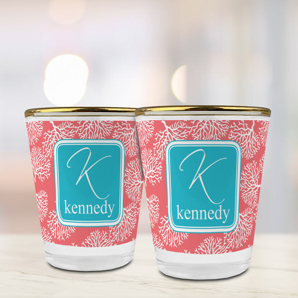 Coral & Teal Glass Shot Glass - with gold rim - LIFESTYLE