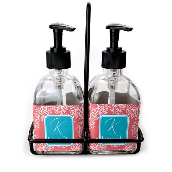 Custom Coral & Teal Glass Soap & Lotion Bottle Set (Personalized)