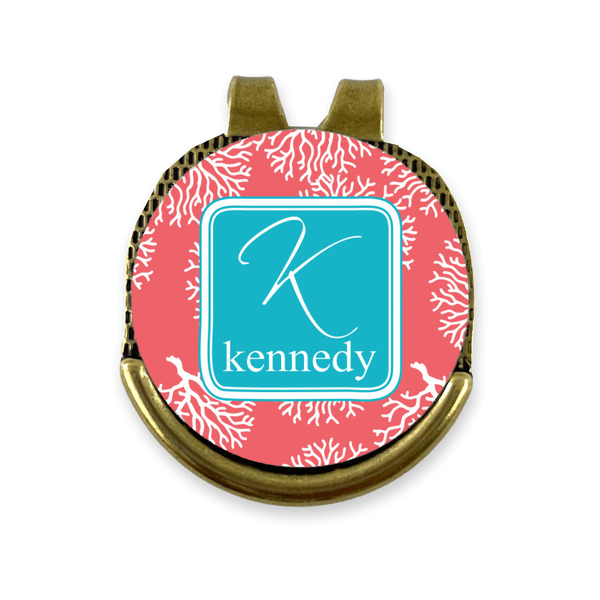 Custom Coral & Teal Golf Ball Marker - Hat Clip - Gold