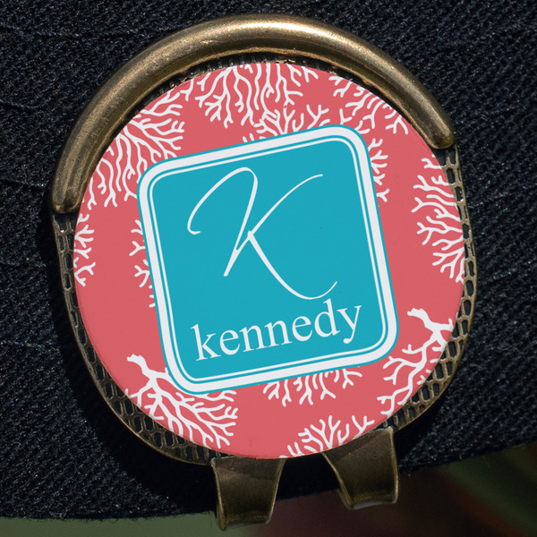 Coral & Teal Golf Ball Marker Hat Clip - Gold - Close Up
