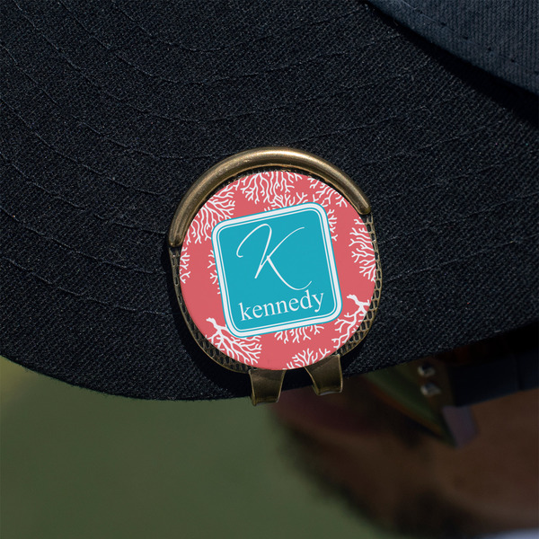 Coral & Teal Golf Ball Marker Hat Clip - Gold - On Hat
