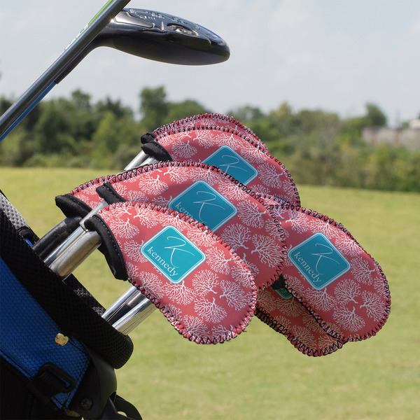 Custom Coral & Teal Golf Club Iron Cover - Set of 9 (Personalized)