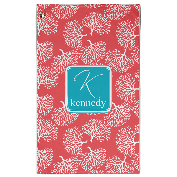 Custom Coral & Teal Golf Towel - Poly-Cotton Blend - Large w/ Name and Initial