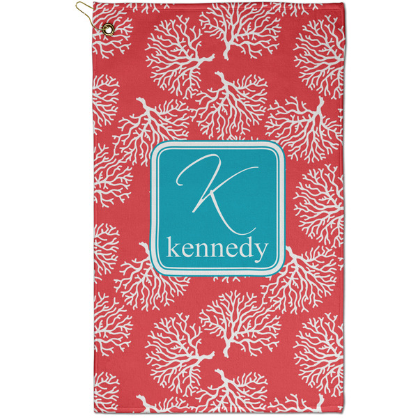 Custom Coral & Teal Golf Towel - Poly-Cotton Blend - Small w/ Name and Initial