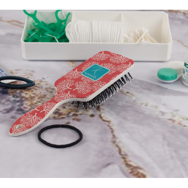 Coral & Teal Hair Brush - In Bathroom