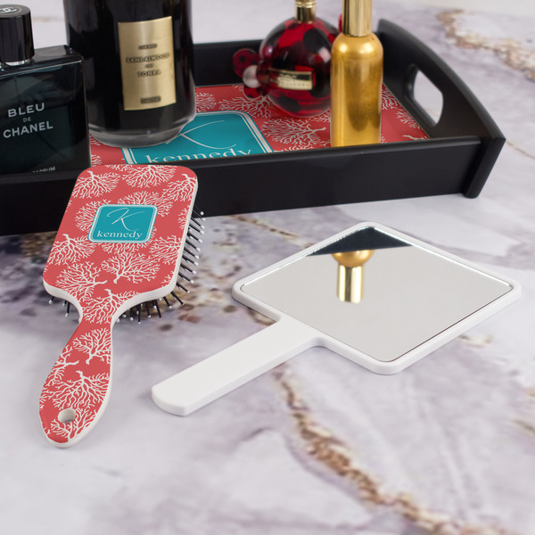 Coral & Teal Hair Brush - With Hand Mirror