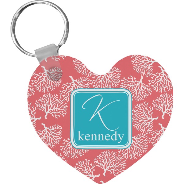 Custom Coral & Teal Heart Plastic Keychain w/ Name and Initial