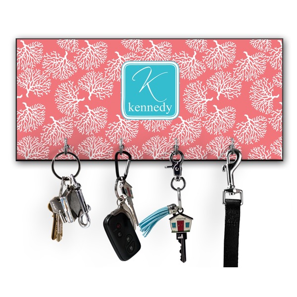Custom Coral & Teal Key Hanger w/ 4 Hooks w/ Name and Initial