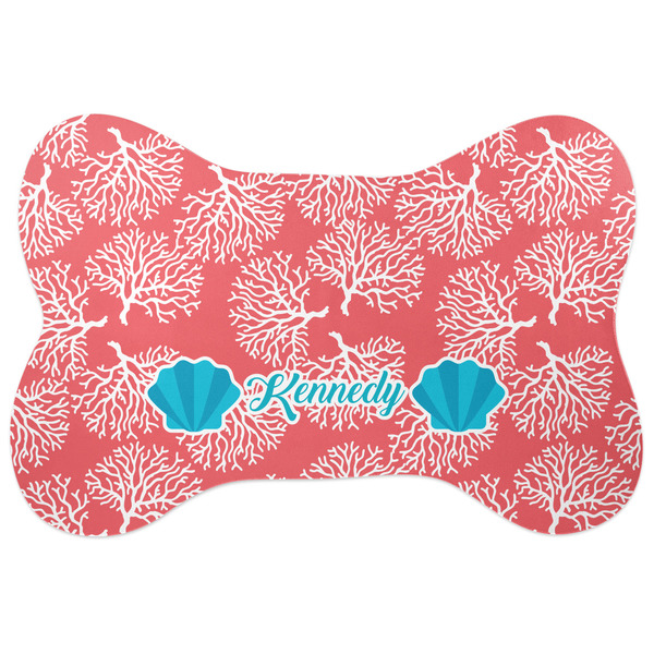 Custom Coral & Teal Bone Shaped Dog Food Mat (Large) (Personalized)
