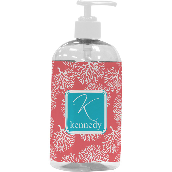 Custom Coral & Teal Plastic Soap / Lotion Dispenser (16 oz - Large - White) (Personalized)