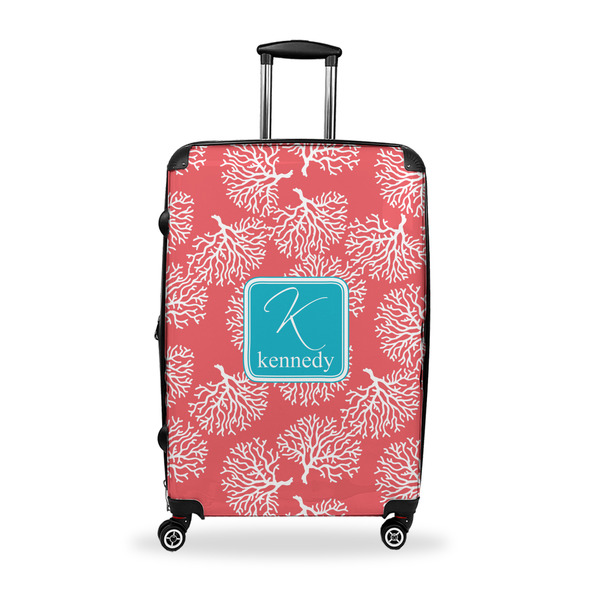 Custom Coral & Teal Suitcase - 28" Large - Checked w/ Name and Initial