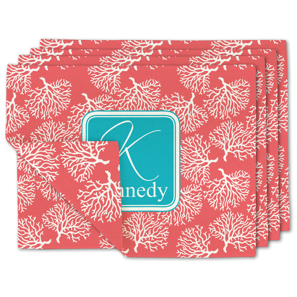 Custom Coral & Teal Double-Sided Linen Placemat - Set of 4 w/ Name and Initial