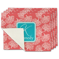 Coral & Teal Single-Sided Linen Placemat - Set of 4 w/ Name and Initial