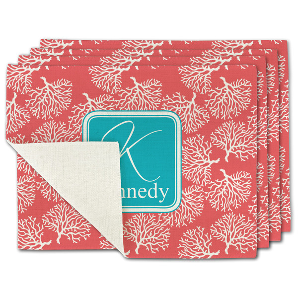 Custom Coral & Teal Single-Sided Linen Placemat - Set of 4 w/ Name and Initial
