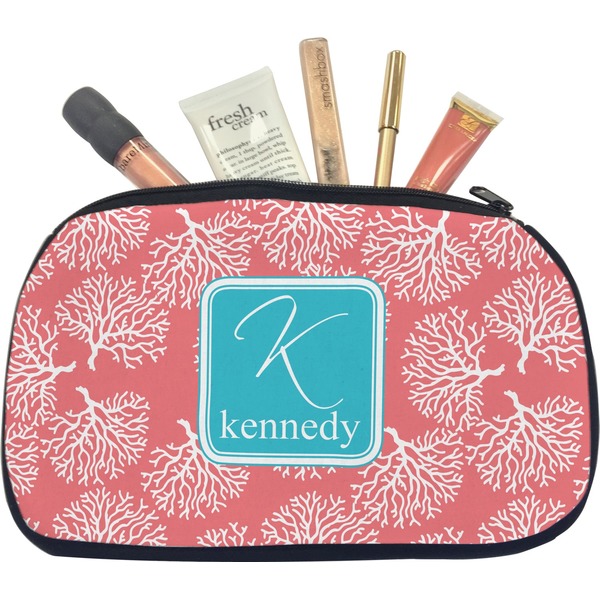 Custom Coral & Teal Makeup / Cosmetic Bag - Medium (Personalized)