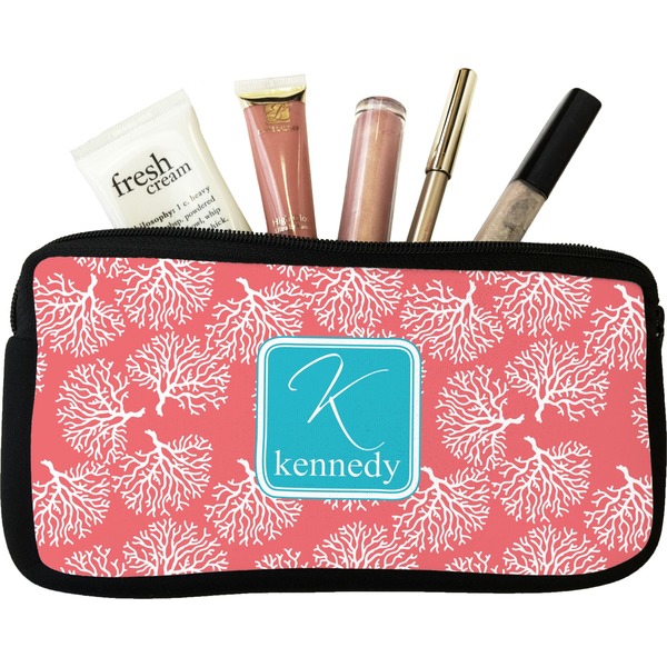 Custom Coral & Teal Makeup / Cosmetic Bag (Personalized)