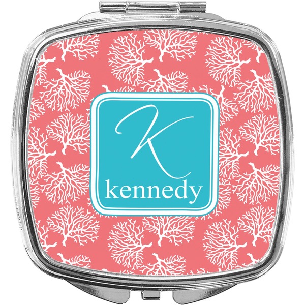 Custom Coral & Teal Compact Makeup Mirror (Personalized)