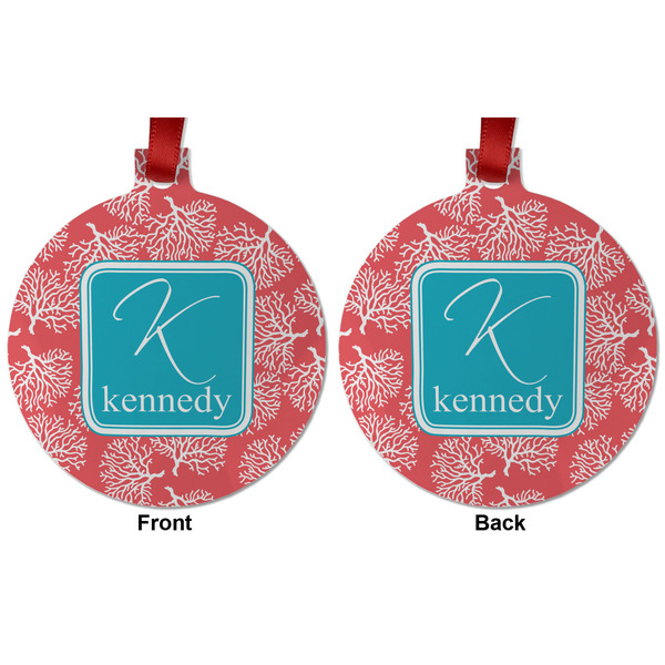 Coral & Teal Metal Ball Ornament - Front and Back