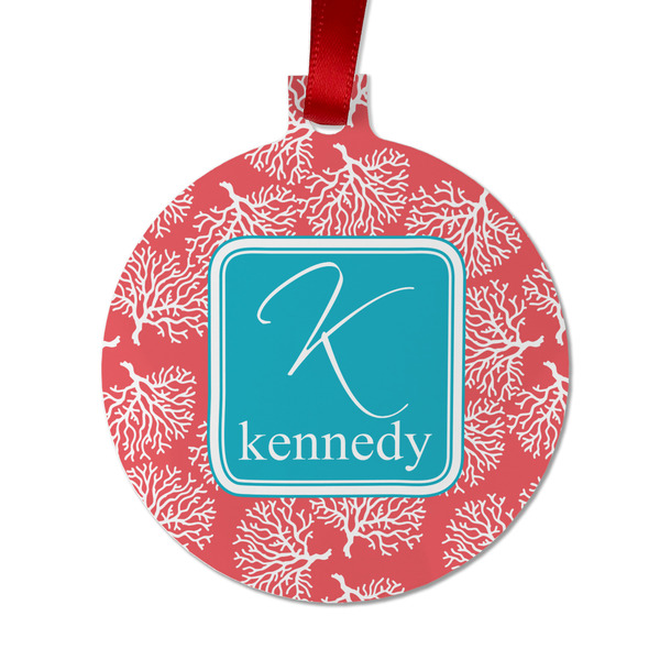 Custom Coral & Teal Metal Ball Ornament - Double Sided w/ Name and Initial