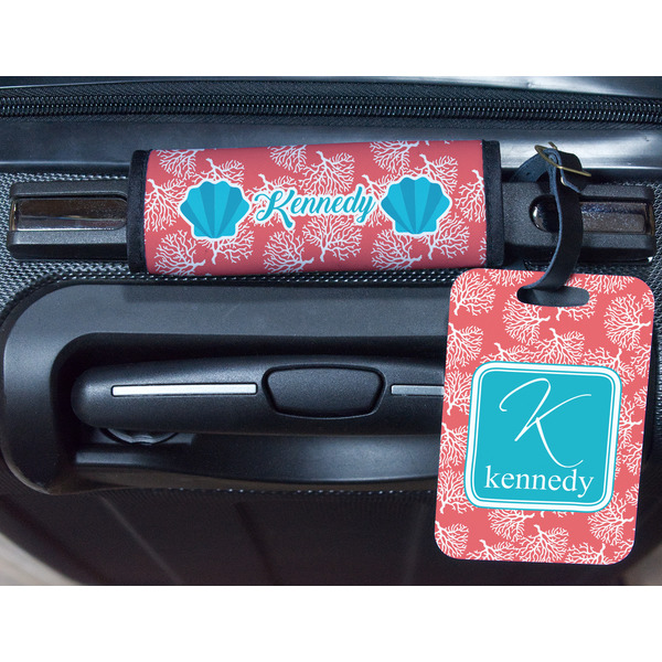 Coral & Teal Metal Luggage Tag & Handle Wrap - In Context