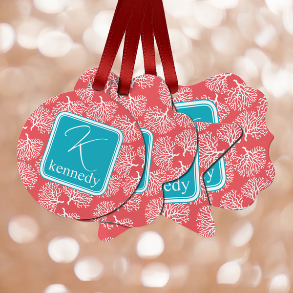 Custom Coral & Teal Metal Ornaments - Double Sided w/ Name and Initial
