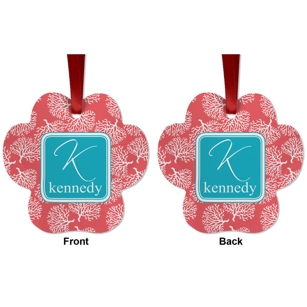 Coral & Teal Metal Paw Ornament - Front and Back
