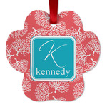 Coral & Teal Metal Paw Ornament - Double Sided w/ Name and Initial