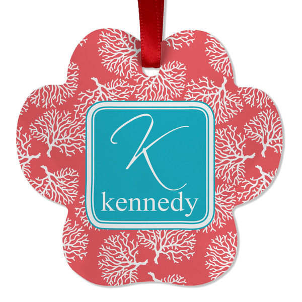 Custom Coral & Teal Metal Paw Ornament - Double Sided w/ Name and Initial