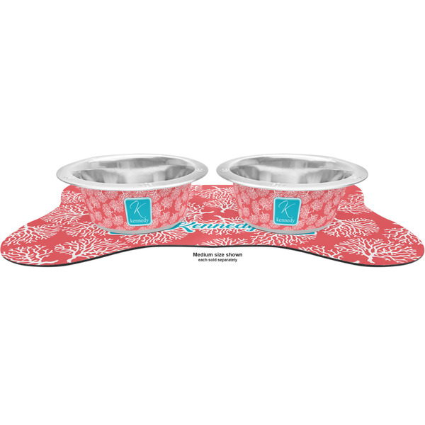 Coral & Teal Metal Pet Bowls - On Dog Bone Shaped Mat