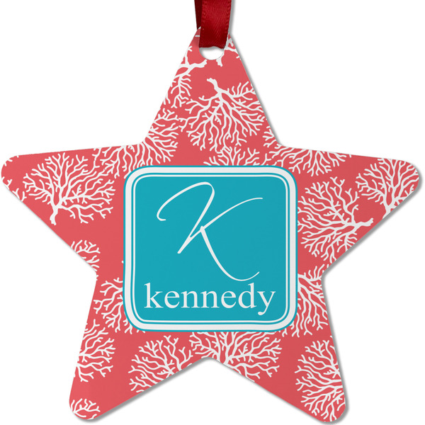 Custom Coral & Teal Metal Star Ornament - Double Sided w/ Name and Initial