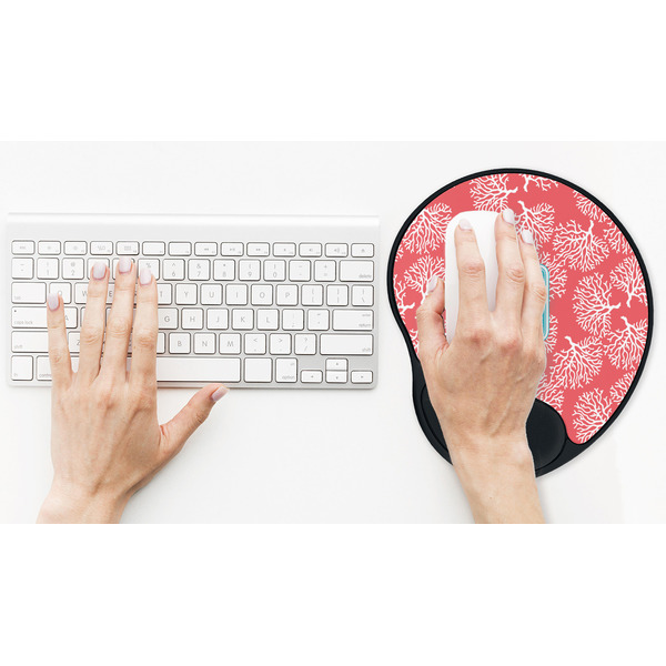 Coral & Teal Mouse Pad with Wrist Rest - LIFESYTLE 2 (in use)