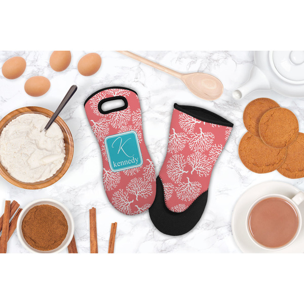 Coral & Teal Neoprene Oven Mitt - Lifestyle Image